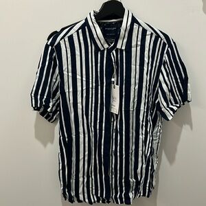Denim and Flower Blue Vertical Striped Short Sleeve Button Up